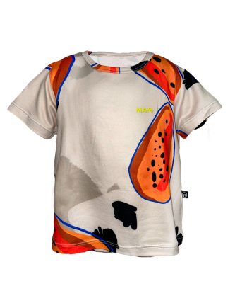 Camiseta para niñas y niños en tela extra suave con print de papayas, fit relajado.